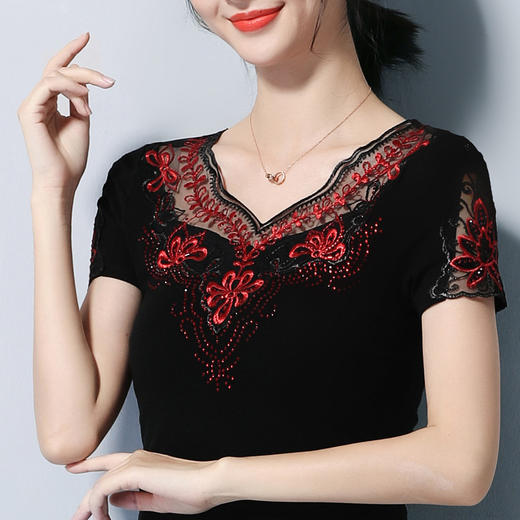 ZZ-DA3359夏新款大码女装绣花短袖棉t恤女上衣镶钻小衫 商品图0