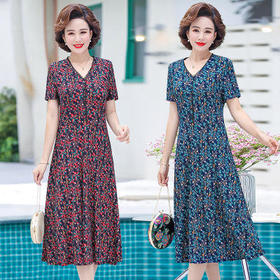 RZ-906夏季新款中年妈妈时尚长款V领碎花连衣裙