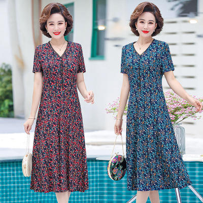 RZ-906夏季新款中年妈妈时尚长款V领碎花连衣裙 商品图0