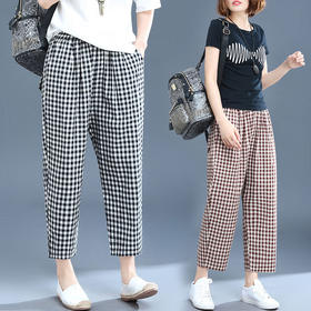 MQ-	1545-1夏装新款休闲减龄显瘦百搭松紧腰格子九分裤YY