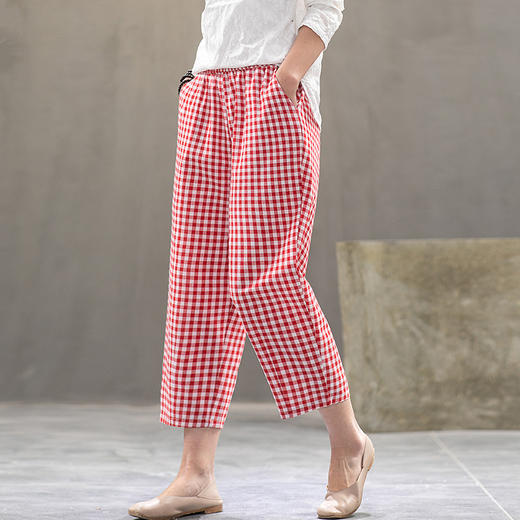 MQ-	1545-1夏装新款休闲减龄显瘦百搭松紧腰格子九分裤YY 商品图1