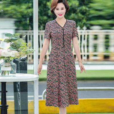 RZ-906夏季新款中年妈妈时尚长款V领碎花连衣裙 商品图4