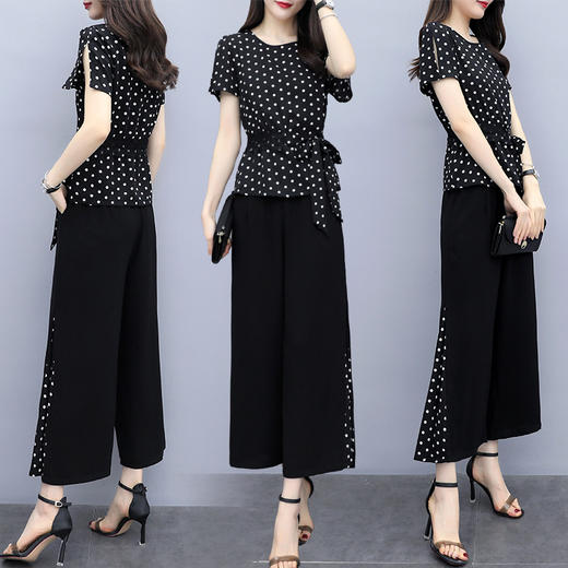 SYG-R05AXJM687130韩版大码胖mm加肥加大显瘦波点阔腿裤套装 商品图0