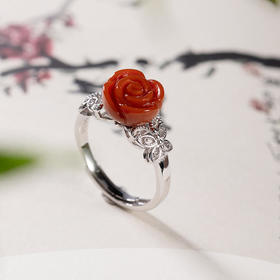 CW60-65-S925南红玛瑙玫瑰花蝴蝶戒指
