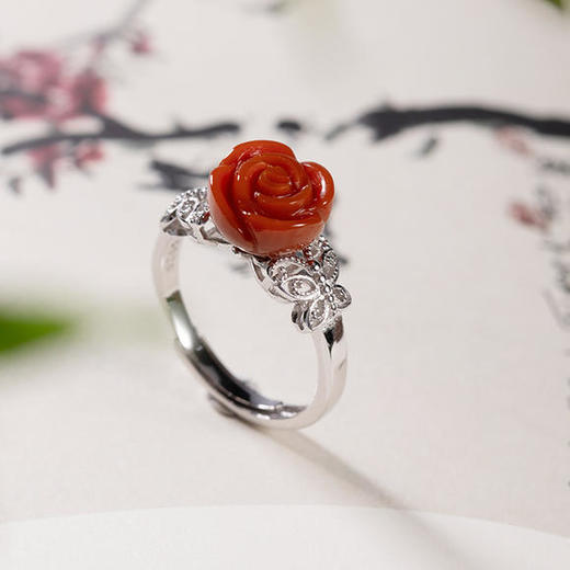 CW60-65-S925南红玛瑙玫瑰花蝴蝶戒指 商品图0