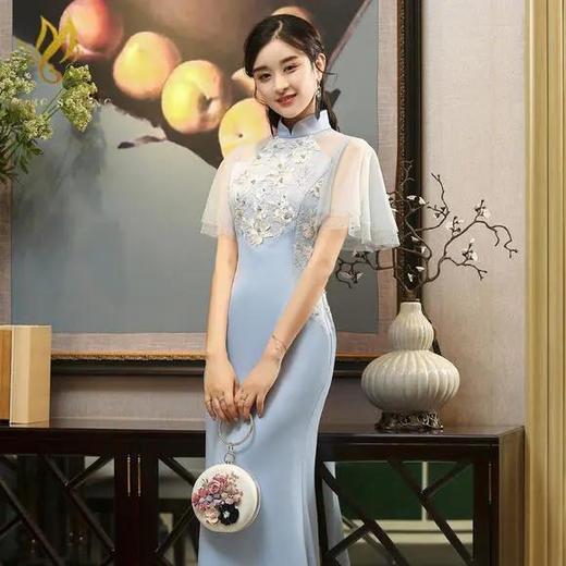 MB-天山雪莲优雅修身，优雅长款钉珠改良版旗袍礼服 商品图1