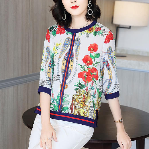 LQY-A2018真丝衬衫2020新款五分袖时尚洋气印花上衣小衫 商品图1