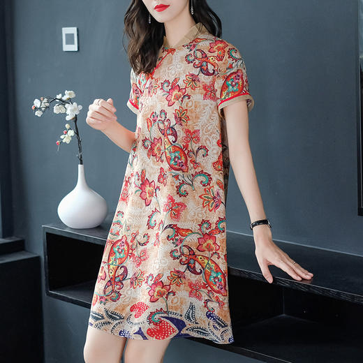 CS-19387夏新品复古真丝欧根纱压褶桑蚕丝印花A字连衣裙 商品图0