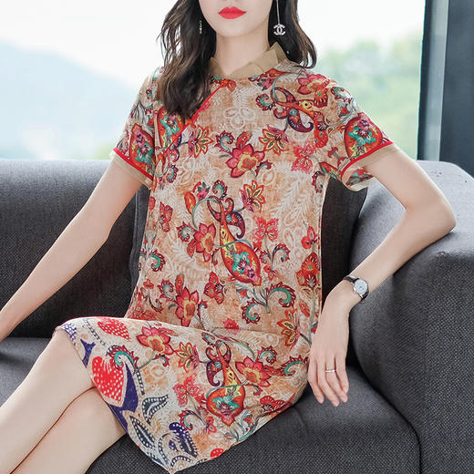 CS-19387夏新品复古真丝欧根纱压褶桑蚕丝印花A字连衣裙 商品图1