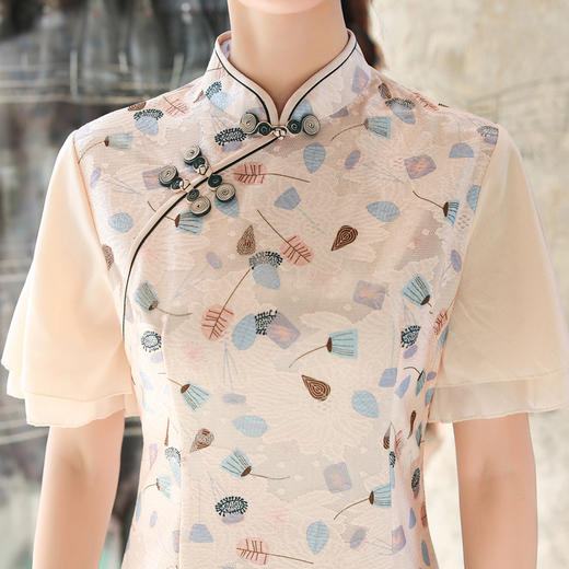 时尚喇叭袖改良复古中国风日常单层旗袍xl2090