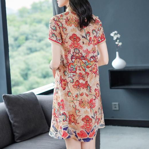 CS-19387夏新品复古真丝欧根纱压褶桑蚕丝印花A字连衣裙 商品图3