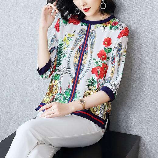 LQY-A2018真丝衬衫2020新款五分袖时尚洋气印花上衣小衫 商品图0