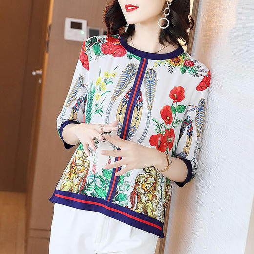 LQY-A2018真丝衬衫2020新款五分袖时尚洋气印花上衣小衫 商品图2