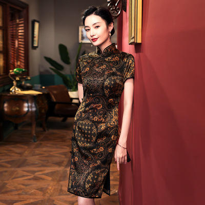 W短款真丝桑蚕丝旗袍裙连衣裙中长款 商品图1