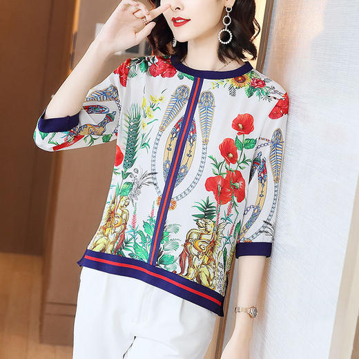 LQY-A2018真丝衬衫2020新款五分袖时尚洋气印花上衣小衫 商品图3