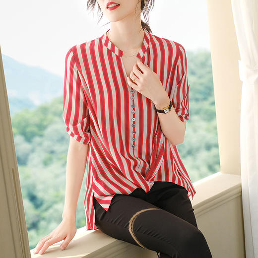 DB-A326夏新款七分袖韩版V领条纹遮肚子大码上衣 商品图1