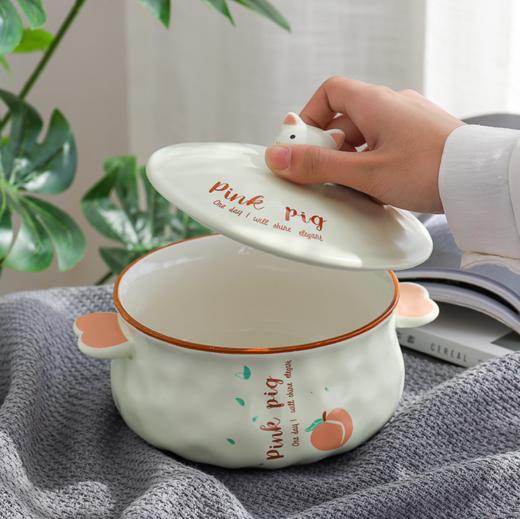 【碗】卡通小猪双耳陶瓷碗创意大容量带盖泡面碗儿童防烫韩式汤饭碗 商品图2