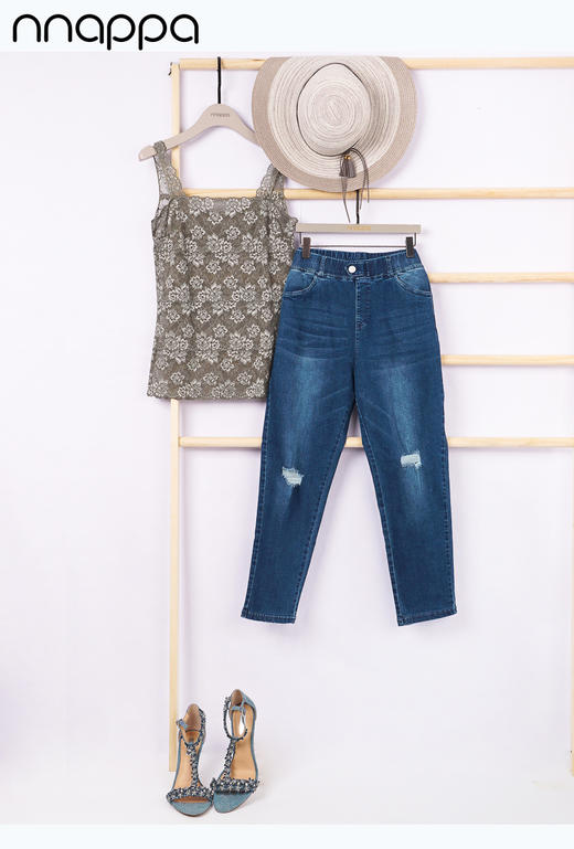 直筒膝盖破洞牛仔裤高腰修身松紧裤29069 商品图1