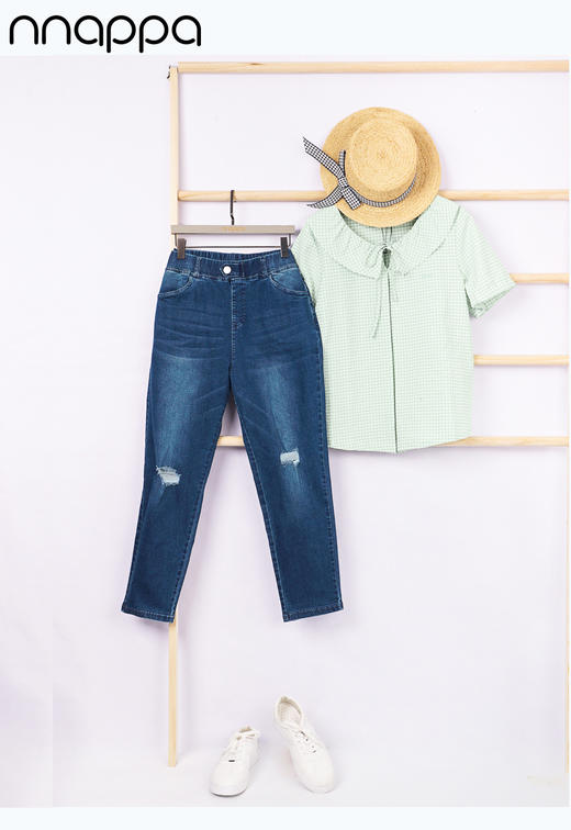 直筒膝盖破洞牛仔裤高腰修身松紧裤29069 商品图0