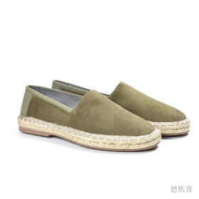 Espadrille 意大利胎羊绒面皮绿色手工编织草底鞋