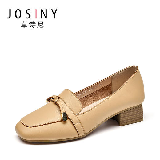 d卓诗尼单鞋女2019春新款百搭粗跟小皮鞋女复古方头学院风乐福鞋女