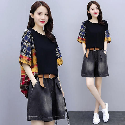 大码牛仔短裤两件套女2020夏装新款洋气显瘦减龄阔腿裤套装fl407