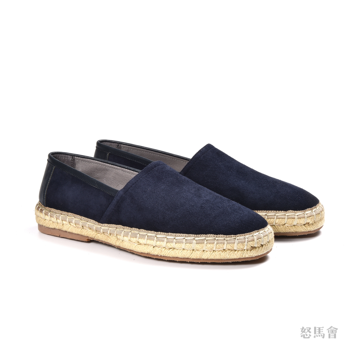 Espadrille 意大利胎羊绒面皮蓝色手工编织草底鞋