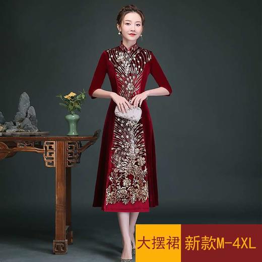 GY800-802新款韩国绒丝绒长款钉珠旗袍裙TZF 商品图0
