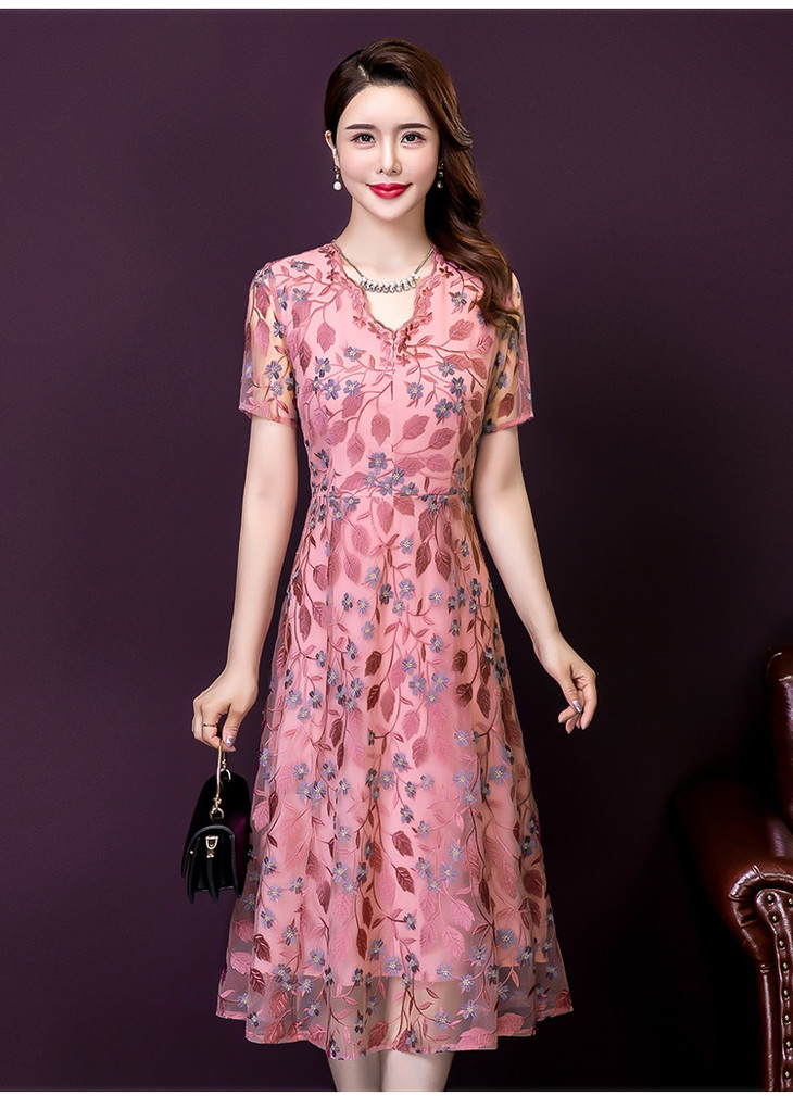 ymr8343新款时尚优雅气质修身短袖蕾丝绣花连衣裙