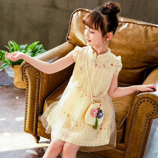 HGY-82114（送同款包包）七彩蕾丝旗袍连衣裙 2020新款女童短袖网纱公主蓬蓬裙 商品图1
