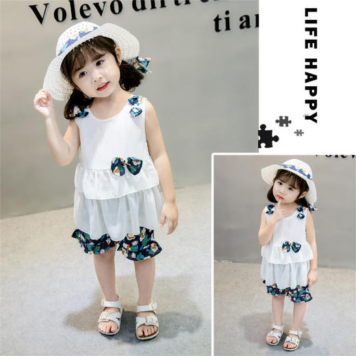 XBR-02（送帽子）女童无袖吊带两件套宝宝韩版碎花短裤套装 商品图1