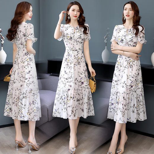 WZNH-XBL605-1时尚潮流中长款圆领气质短袖连衣裙 商品图2