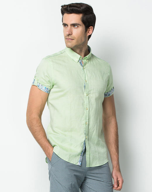 Marco Azzali 黄绿色棉麻面料短袖衬衫 C3653700 商品图2