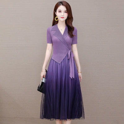 YWE-S39330渐变色2020夏新品修身短袖气质高贵阔太太连衣裙 商品图3