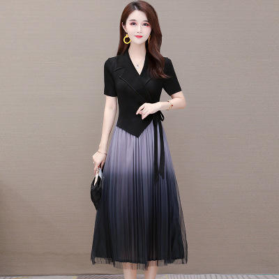 YWE-S39330渐变色2020夏新品修身短袖气质高贵阔太太连衣裙 商品图4