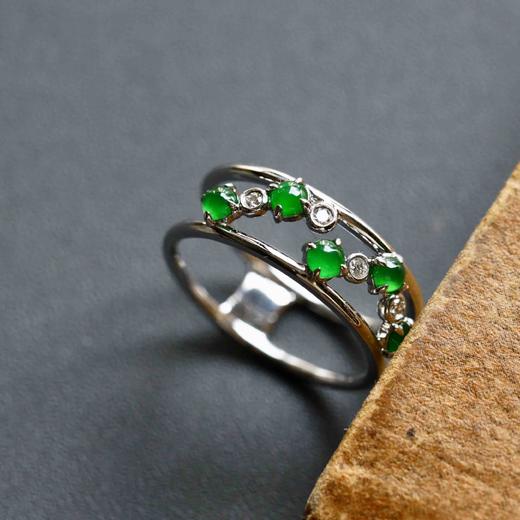 高冰种阳绿翡翠戒指排戒18k白金钻石镶嵌 商品图5