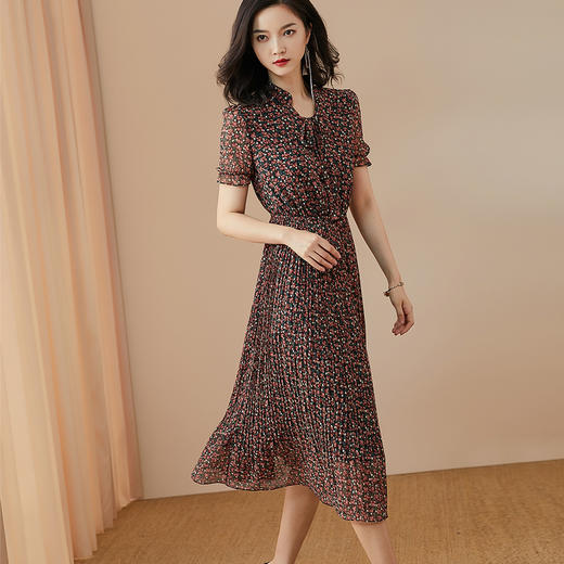 剩S 米思阳夏装新款气质荷叶袖碎花裙收腰系带压褶雪纺连衣裙2498 商品图2