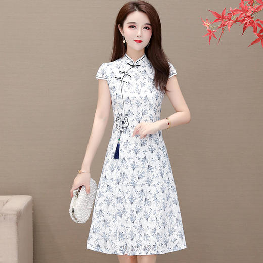 YWE-N908气质旗袍裙2020夏新款修身立领印花中长款 商品图1