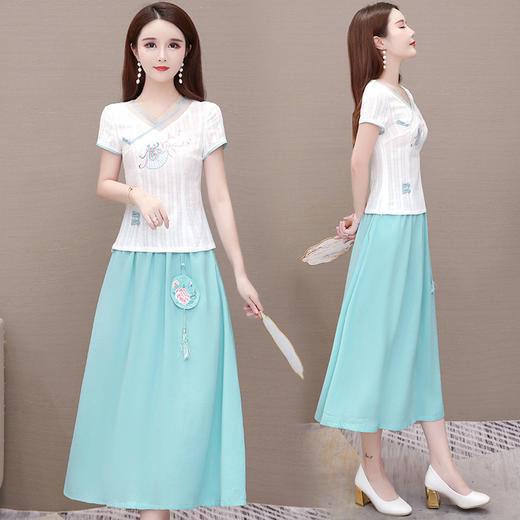 YWE-YJY20K56中式绣花两件套2020修身短袖旗袍半身裙 商品图1