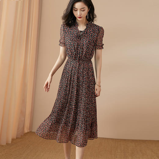 剩S 米思阳夏装新款气质荷叶袖碎花裙收腰系带压褶雪纺连衣裙2498 商品图3