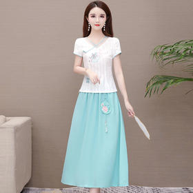 YWE-YJY20K56中式绣花两件套2020修身短袖旗袍半身裙