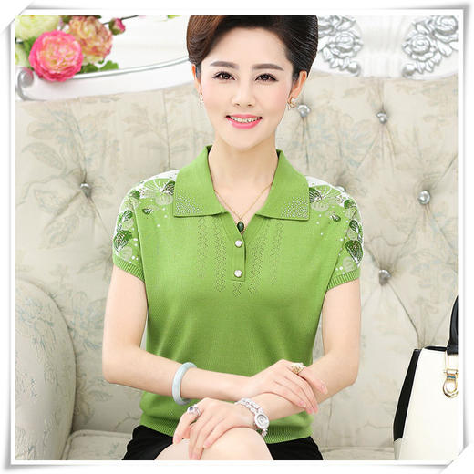 QYY-1128新款妈妈装半开胸针织短袖翻领T恤 商品图0