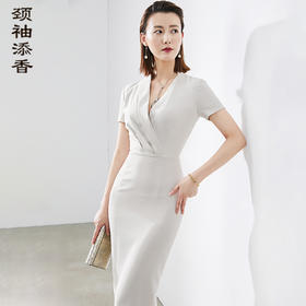 孤品J20284491A颈袖添香季新款时尚修身显瘦短袖礼服连衣裙女ol气质职场装（）不退可换