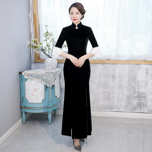 SXF-20-7340夏季新款复古中国风改良丝绒旗袍裙 商品图2