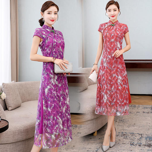 HT8335新款中国风优雅气质修身立领蕾丝印花中长款旗袍裙TZF 商品图3