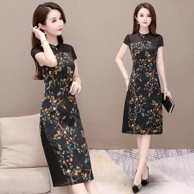 WETB-CS20A362高贵短袖印花连衣裙女中长款 商品图1
