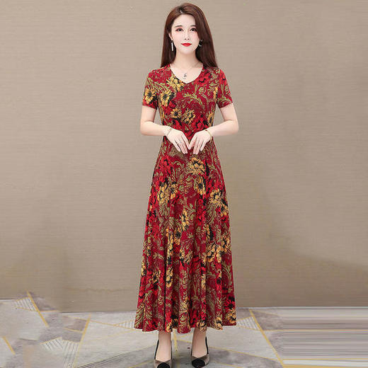 JXG-中老年妈妈装2020夏季新款印花大摆裙显瘦气质过膝长裙 商品图1