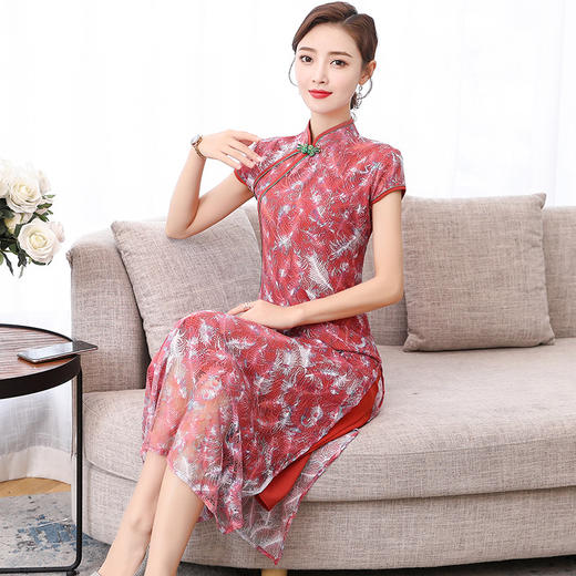 HT8335新款中国风优雅气质修身立领蕾丝印花中长款旗袍裙TZF 商品图1