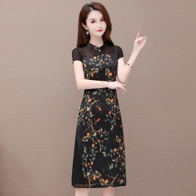 WETB-CS20A362高贵短袖印花连衣裙女中长款 商品图3