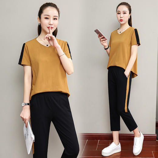 YMJ-9316新款韩版前短后长V领短袖七分裤休闲两件套潮 商品图2